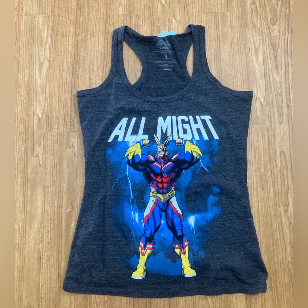 NWT All Might My Hero Academia XS Muscle Sleeveless Shirt Grey One For All Quirk